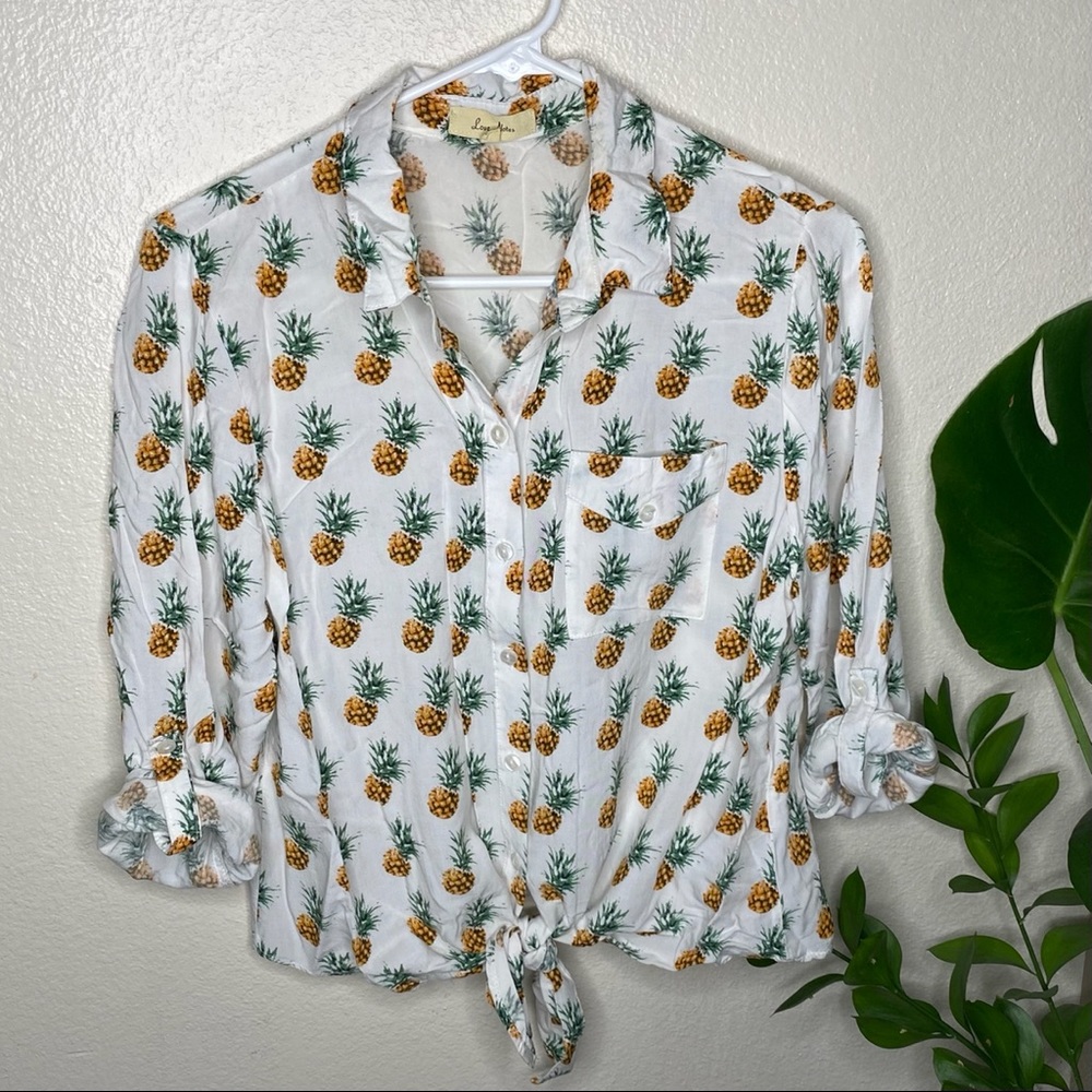 Long Sleeve Front Tie Pineapple Button Down